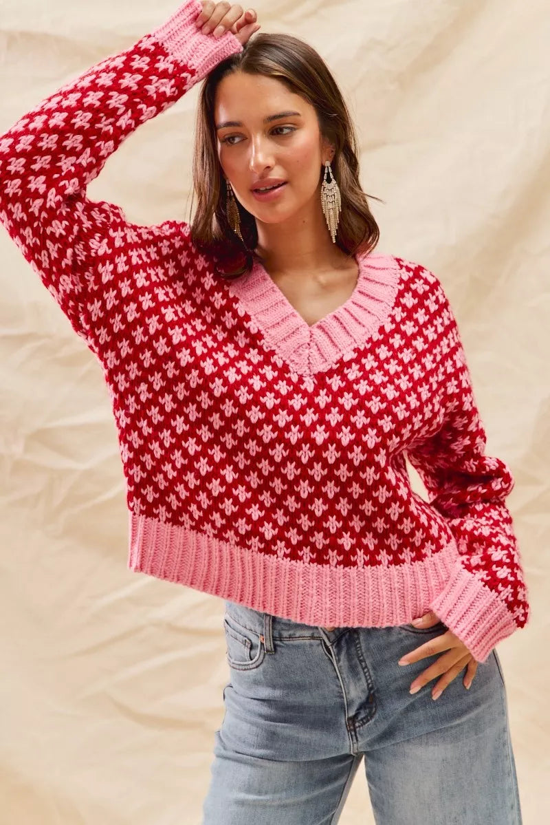 SO ME Pull de Noël texturé à blocs de couleurs avec décolleté en V
