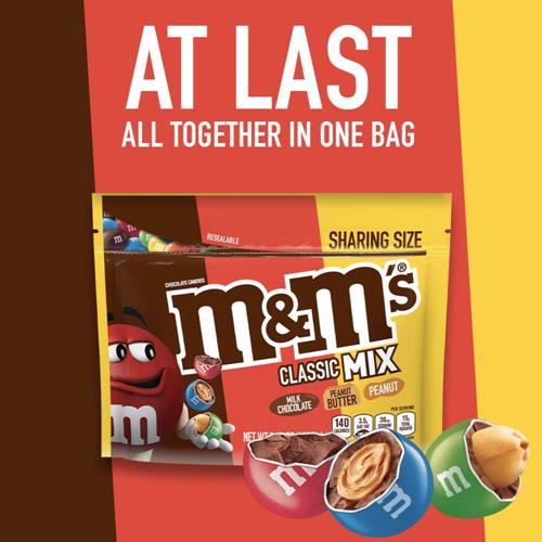 Sachet de bonbons au chocolat M&Ms Classic Mix format familial, chocolat au lait, beurre de cacahuète et cacahuète, 235 g