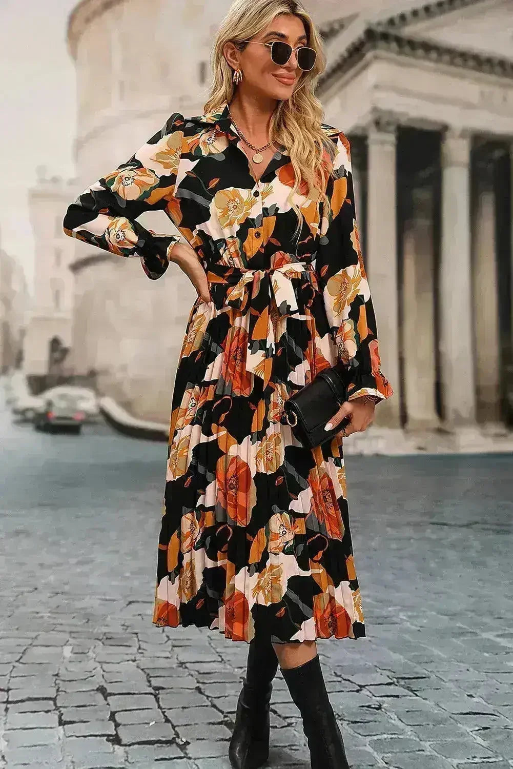Robe chemise plissée florale - Robe midi à nouer à la taille | Femstylo