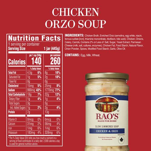 Soupe de poulet à l'orzo faite maison Raos, 453 g, soupe italienne traditionnelle prête à chauffer et à servir, faite avec des ingrédients de première qualité