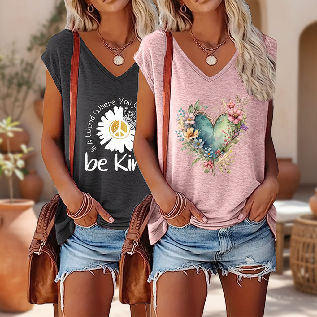 Lot de 2 hauts t-shirts à col en V imprimé graphique Fleurs Sauvages