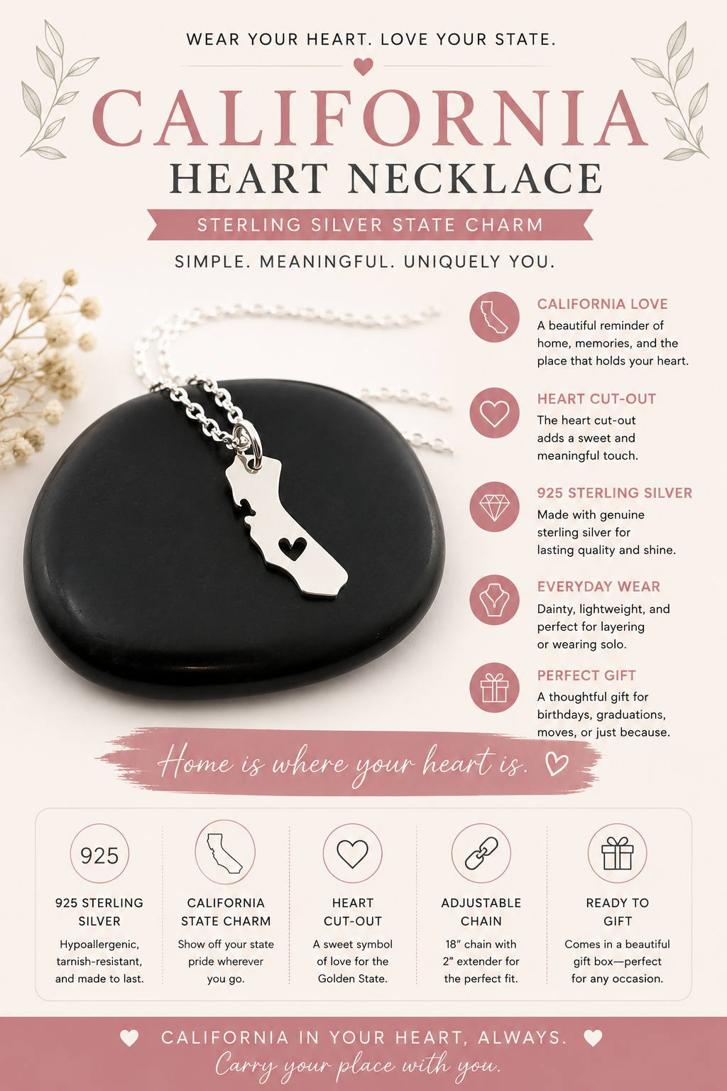 Collier en argent sterling avec pendentif découpe en forme de cœur de l'État de Californie