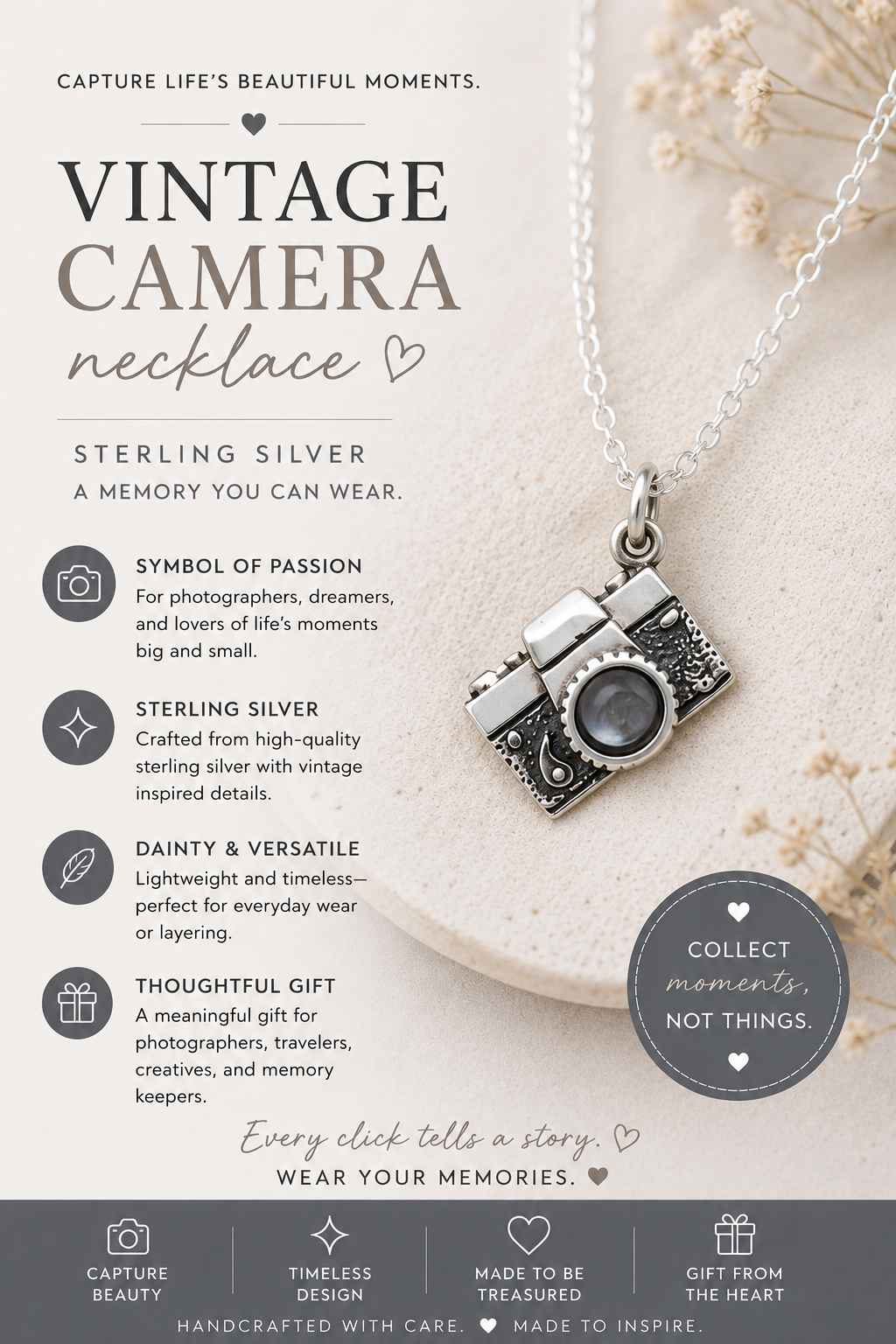 Collier appareil photo vintage en argent sterling – Cadeau pour photographe