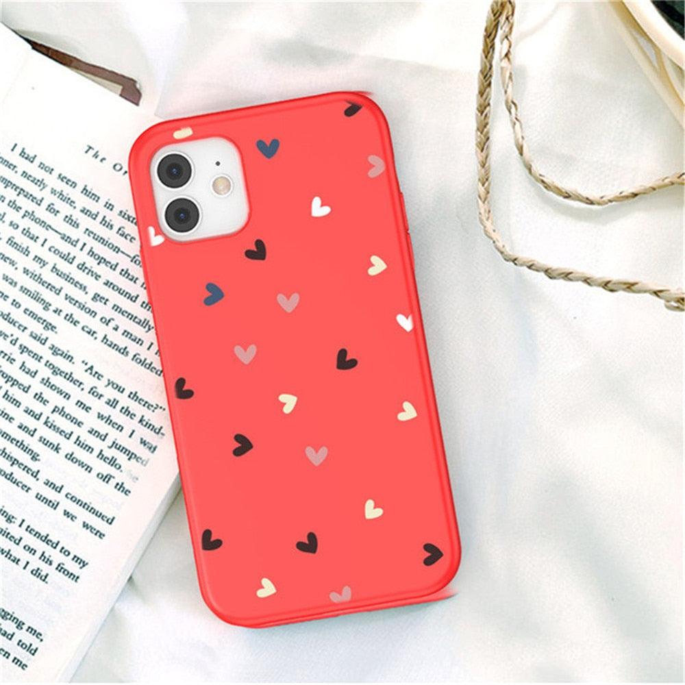 Coque de téléphone souple en silicone de couleur bonbon avec motif de petits cœurs pour iPhone 13 12 11 Pro Max, violet et blanc, fine et antichoc
