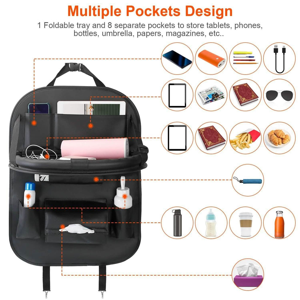 Organisateur de siège arrière de voiture avec plateau de table pliable 8 poches