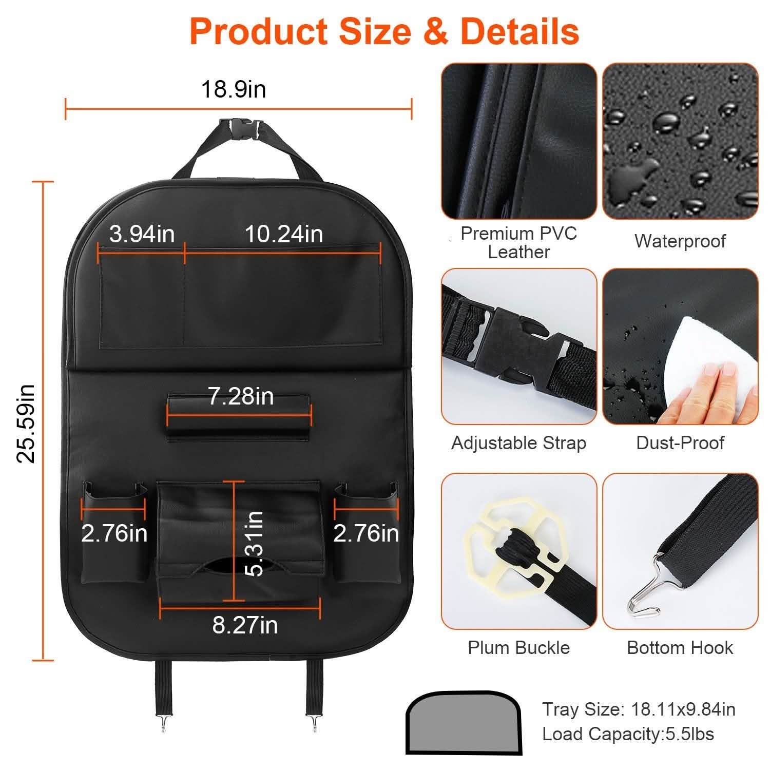 Organisateur de siège arrière de voiture avec plateau de table pliable 8 poches