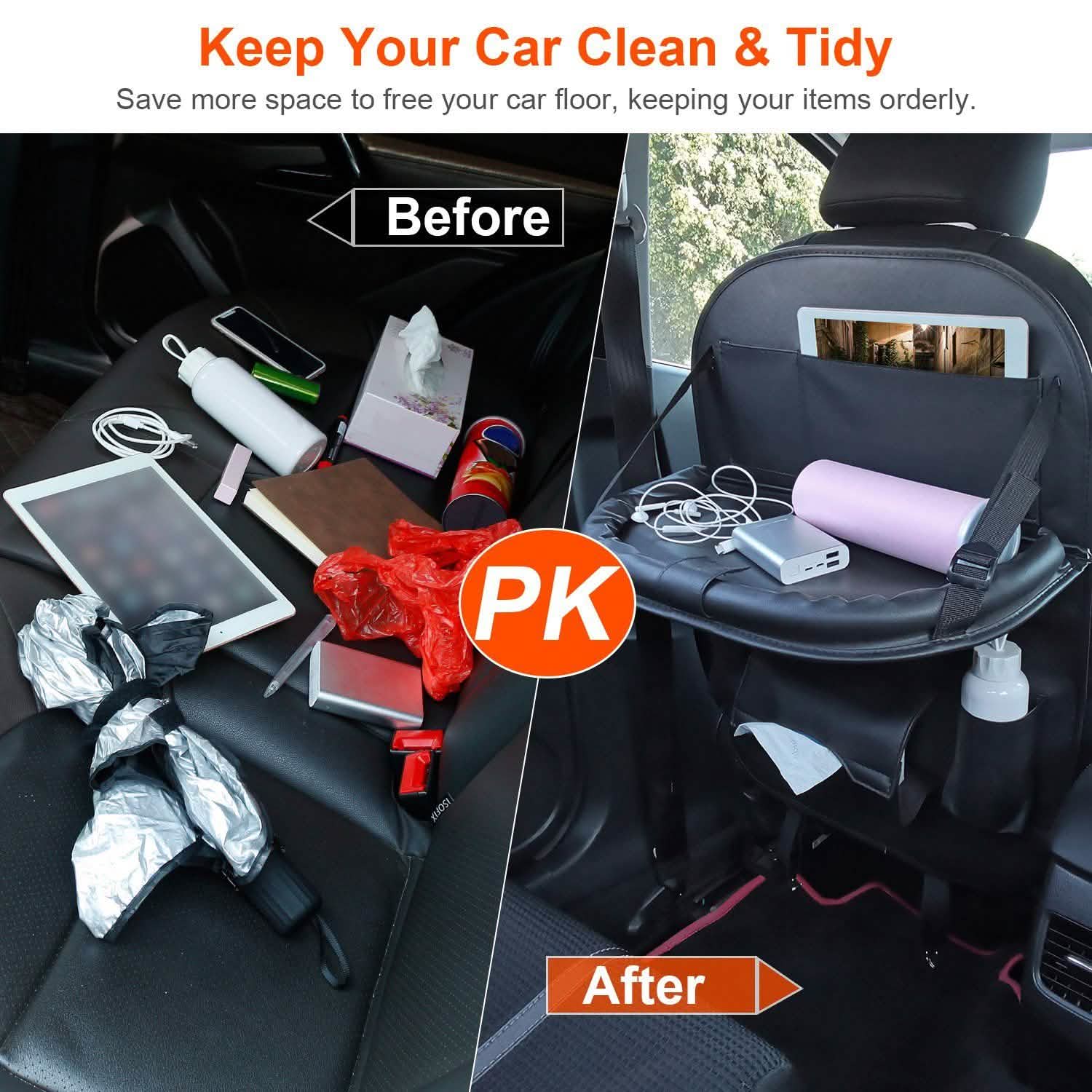 Organisateur de siège arrière de voiture avec plateau de table pliable 8 poches