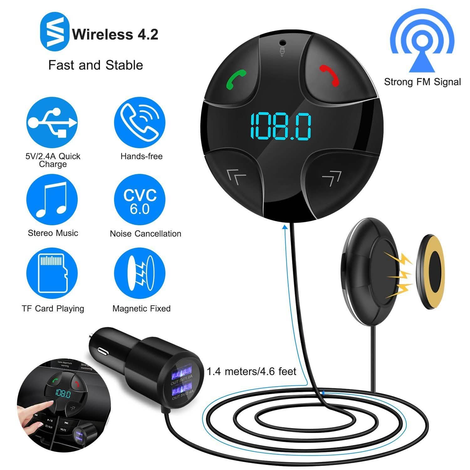 Transmetteur FM sans fil pour voiture V4.2 Lecteur MP3 de voiture