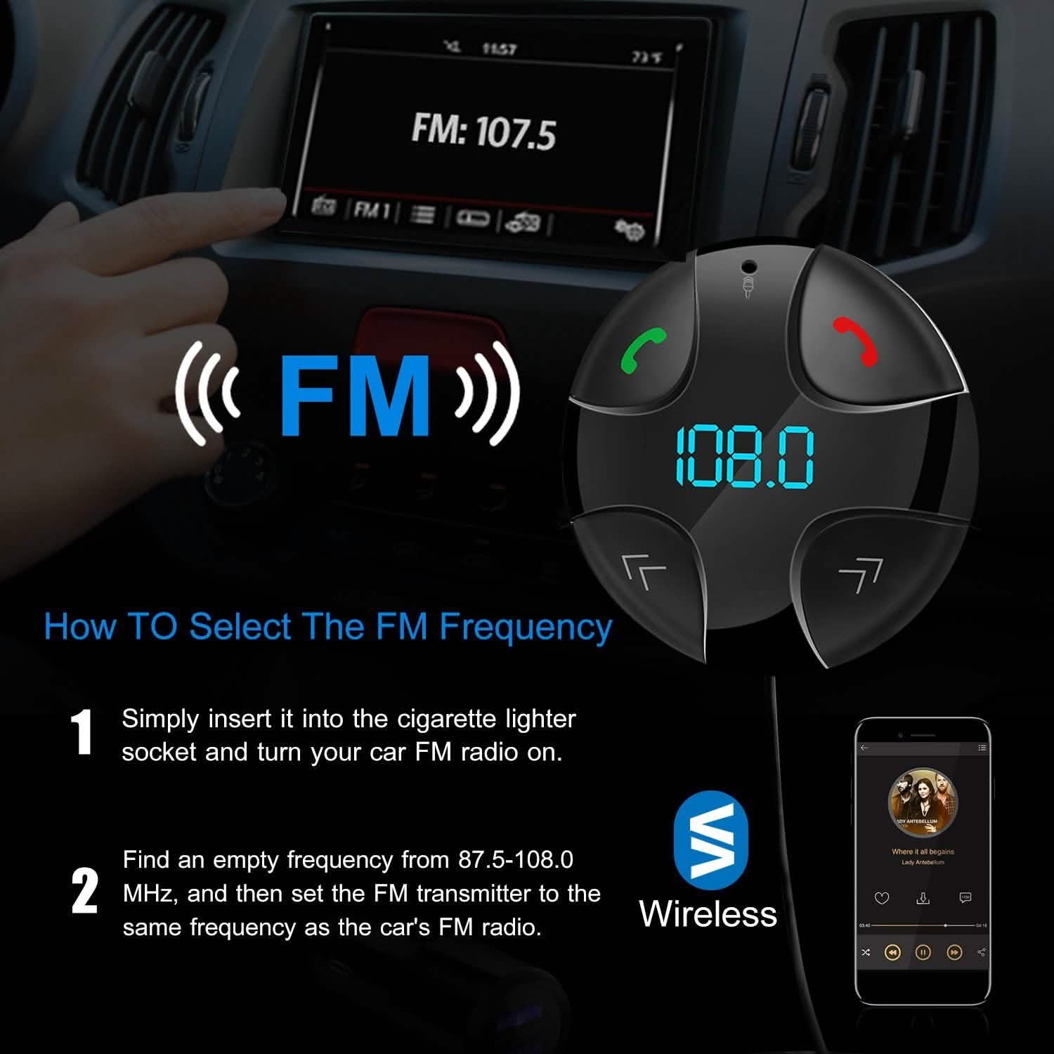 Transmetteur FM sans fil pour voiture V4.2 Lecteur MP3 de voiture