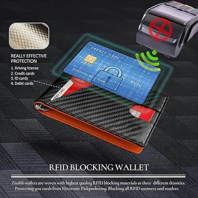Portefeuilles Homme RFID en Fibre de Carbone Double Volet Pince à Billets