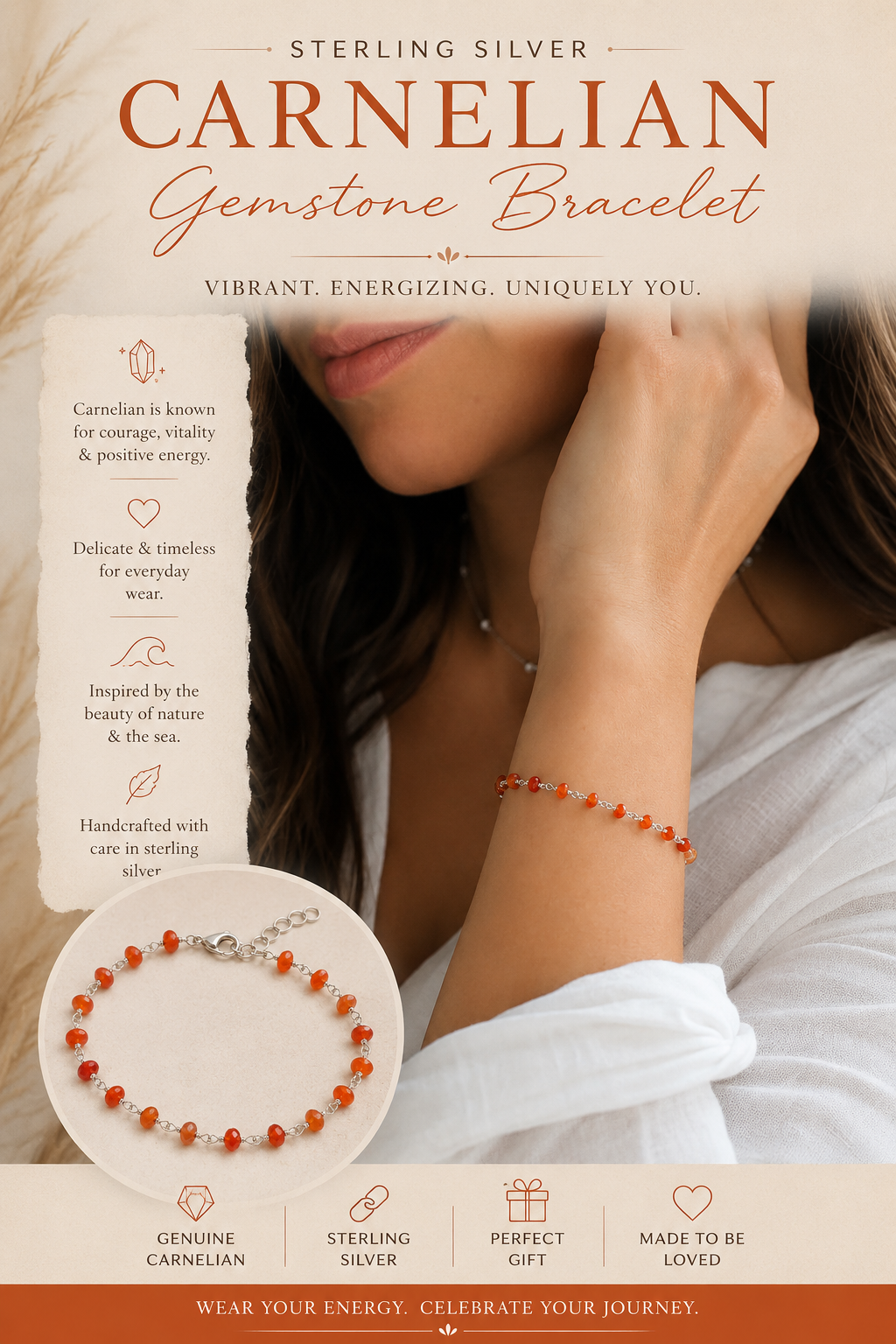 Bracelet en argent sterling et cornaline, monté sur fil