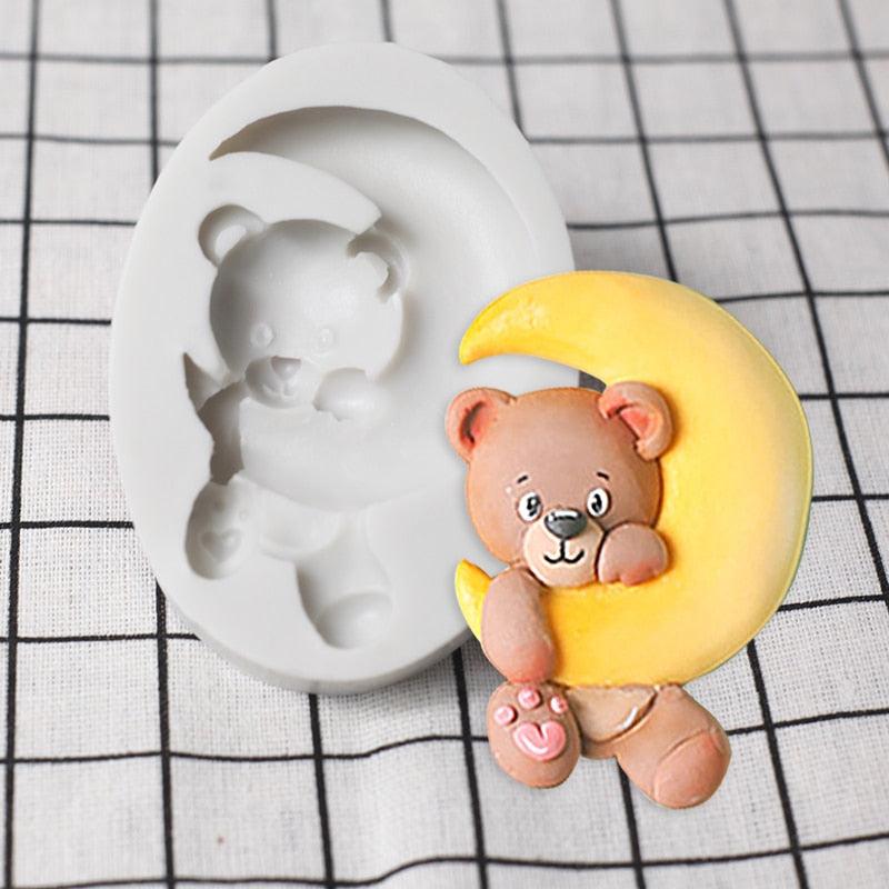 Moule en Silicone Ours Mignon Lune Dessin Animé 3D Fête Anniversaire Bébé Outil de Décoration Cupcake Dessert Pâtisserie Fondant Chocolat Bonbons Moules de Cuisson en Silicone pour Ours en Peluche