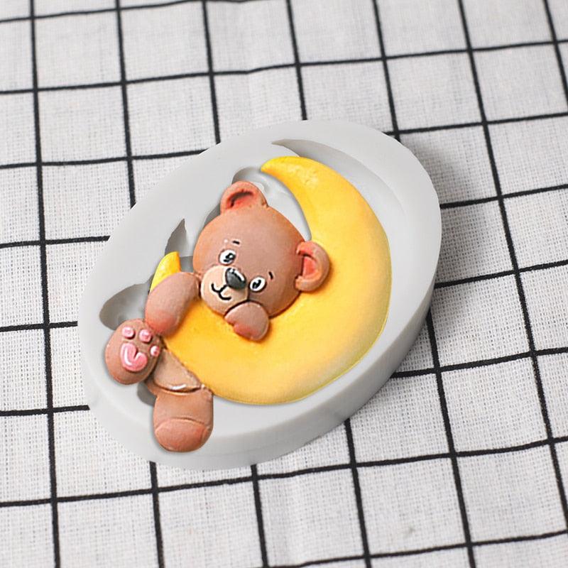 Moule en Silicone Ours Mignon Lune Dessin Animé 3D Fête Anniversaire Bébé Outil de Décoration Cupcake Dessert Pâtisserie Fondant Chocolat Bonbons Moules de Cuisson en Silicone pour Ours en Peluche