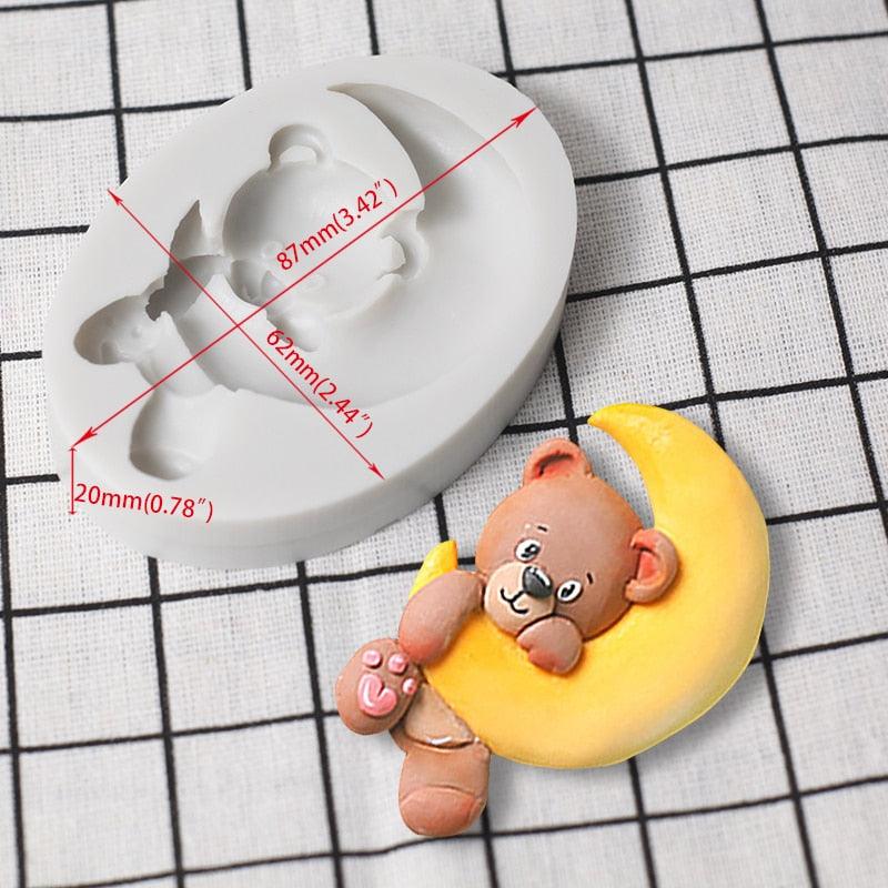 Moule en Silicone Ours Mignon Lune Dessin Animé 3D Fête Anniversaire Bébé Outil de Décoration Cupcake Dessert Pâtisserie Fondant Chocolat Bonbons Moules de Cuisson en Silicone pour Ours en Peluche