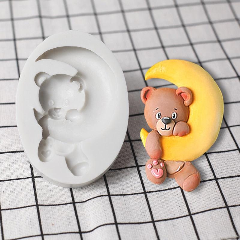 Moule en Silicone Ours Mignon Lune Dessin Animé 3D Fête Anniversaire Bébé Outil de Décoration Cupcake Dessert Pâtisserie Fondant Chocolat Bonbons Moules de Cuisson en Silicone pour Ours en Peluche