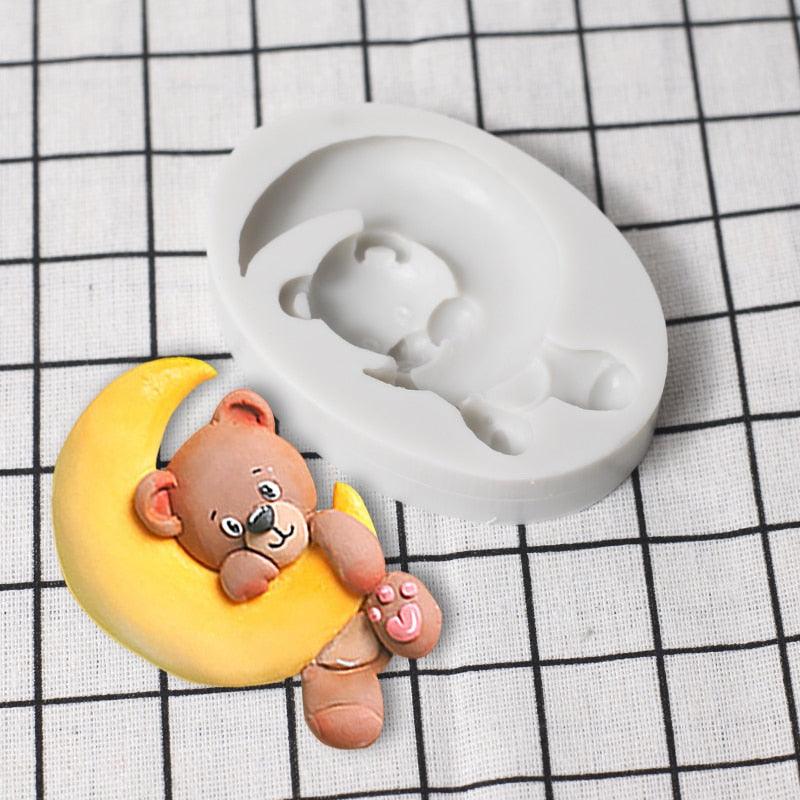 Moule en Silicone Ours Mignon Lune Dessin Animé 3D Fête Anniversaire Bébé Outil de Décoration Cupcake Dessert Pâtisserie Fondant Chocolat Bonbons Moules de Cuisson en Silicone pour Ours en Peluche