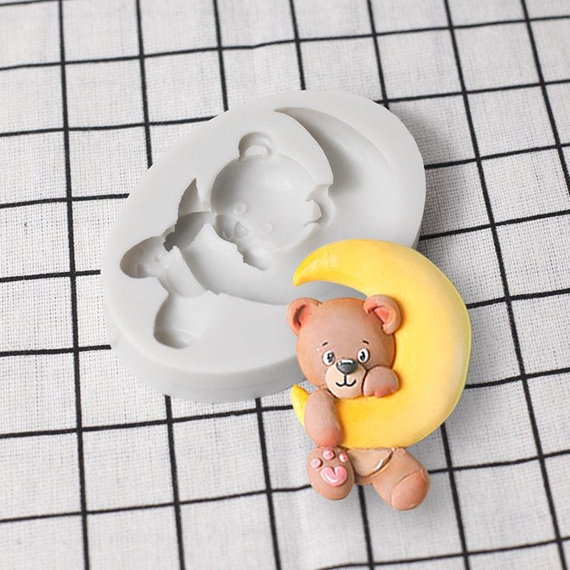 Moule en Silicone Ours Mignon Lune Dessin Animé 3D Fête Anniversaire Bébé Outil de Décoration Cupcake Dessert Pâtisserie Fondant Chocolat Bonbons Moules de Cuisson en Silicone pour Ours en Peluche