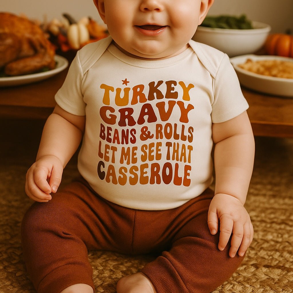 tee-shirt à motif | gratin de dinde à la sauce