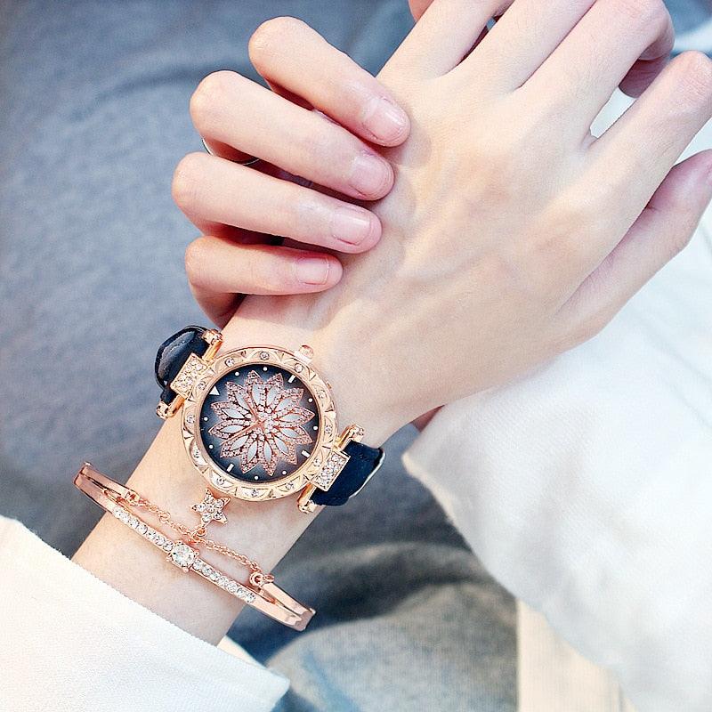 Montre-bracelet romantique pour femme avec ciel étoilé, bracelet en cuir, strass, designer, simple, pour femme, montre à quartz avec bracelet en cuir PU ciel étoilé pour femme, fille, adolescente.
