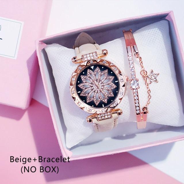 Montre-bracelet romantique pour femme avec ciel étoilé, bracelet en cuir, strass, designer, simple, pour femme, montre à quartz avec bracelet en cuir PU ciel étoilé pour femme, fille, adolescente.