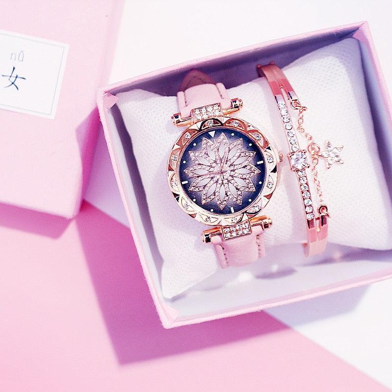 Montre-bracelet romantique pour femme avec ciel étoilé, bracelet en cuir, strass, designer, simple, pour femme, montre à quartz avec bracelet en cuir PU ciel étoilé pour femme, fille, adolescente.