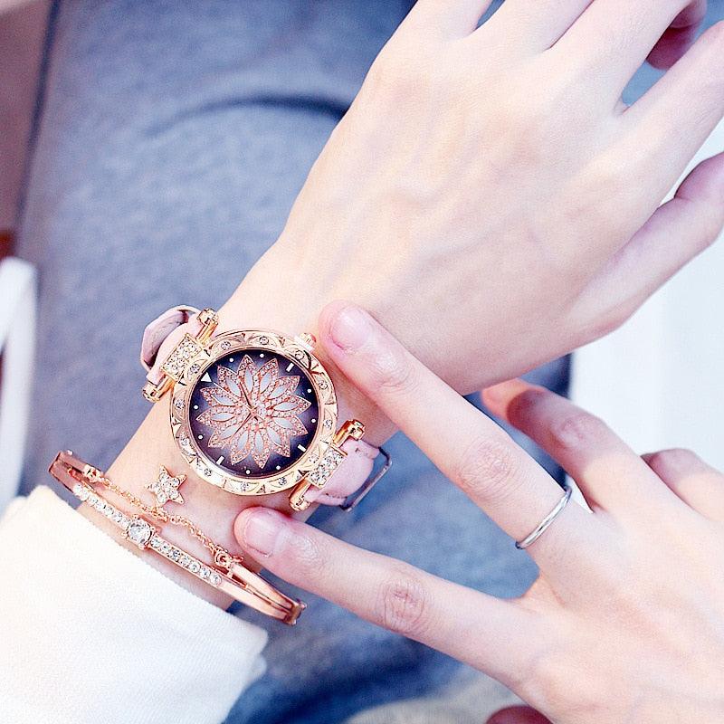Montre-bracelet romantique pour femme avec ciel étoilé, bracelet en cuir, strass, designer, simple, pour femme, montre à quartz avec bracelet en cuir PU ciel étoilé pour femme, fille, adolescente.