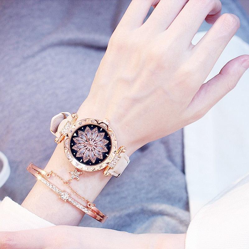 Montre-bracelet romantique pour femme avec ciel étoilé, bracelet en cuir, strass, designer, simple, pour femme, montre à quartz avec bracelet en cuir PU ciel étoilé pour femme, fille, adolescente.