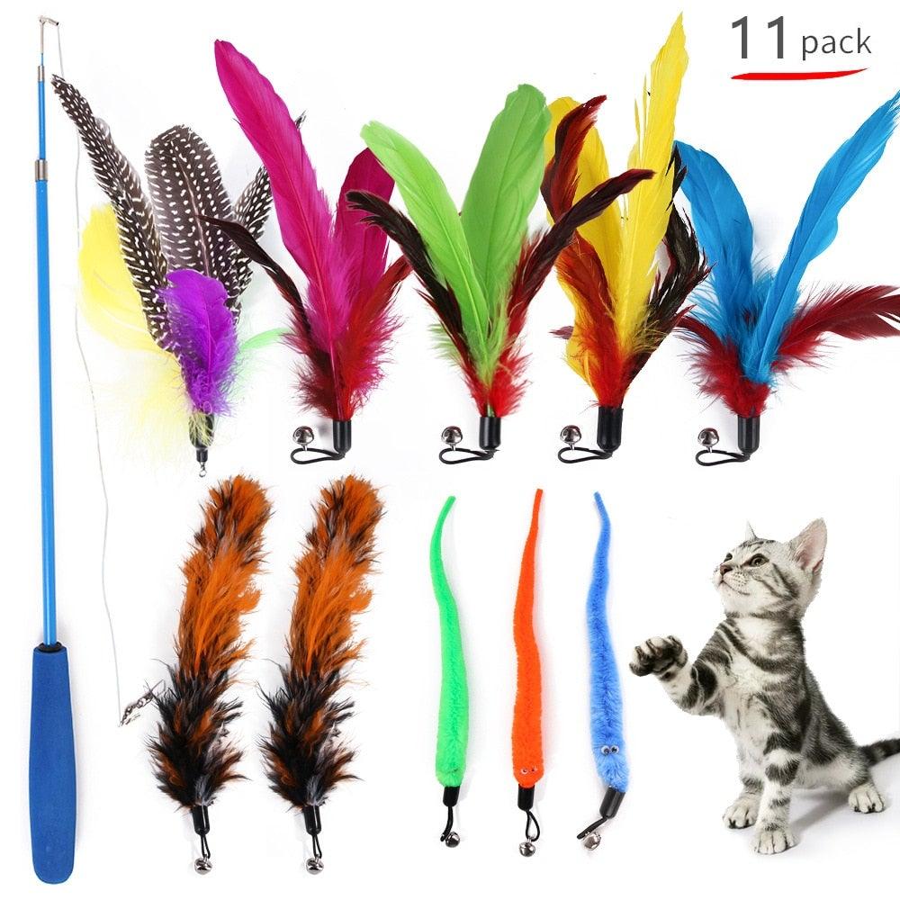 Lot de jouets à plume pour chat, baguette teaser pour chatons, pour amuser et faire faire de l'exercice aux chats, jouets interactifs sans la canne, baguette rétractable et recharges de plumes, jouets pour chat d'intérieur
