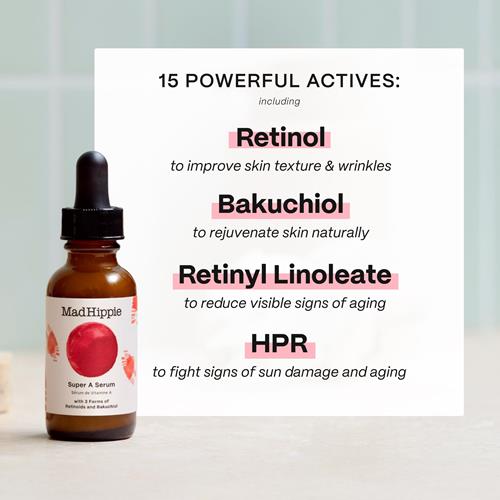 Sérum au rétinol Super A de Mad Hippie pour le visage – Sérum réparateur et anti-âge puissant avec 3 rétinoïdes, du bakuchiol + de l'acide hyaluronique hydratant, 30 ml