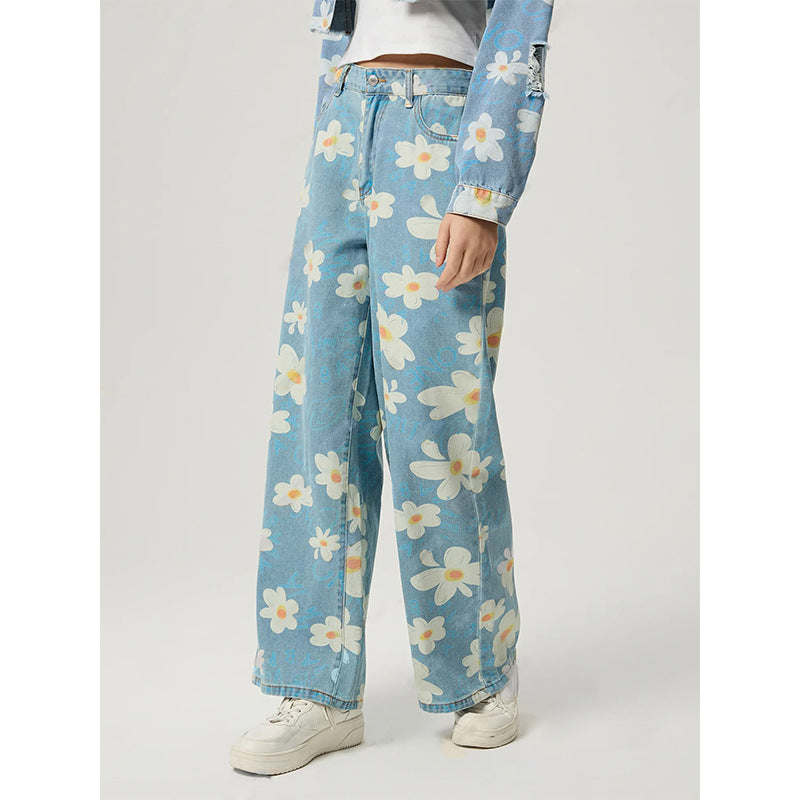 Jean droit vintage à imprimé floral pour femme
