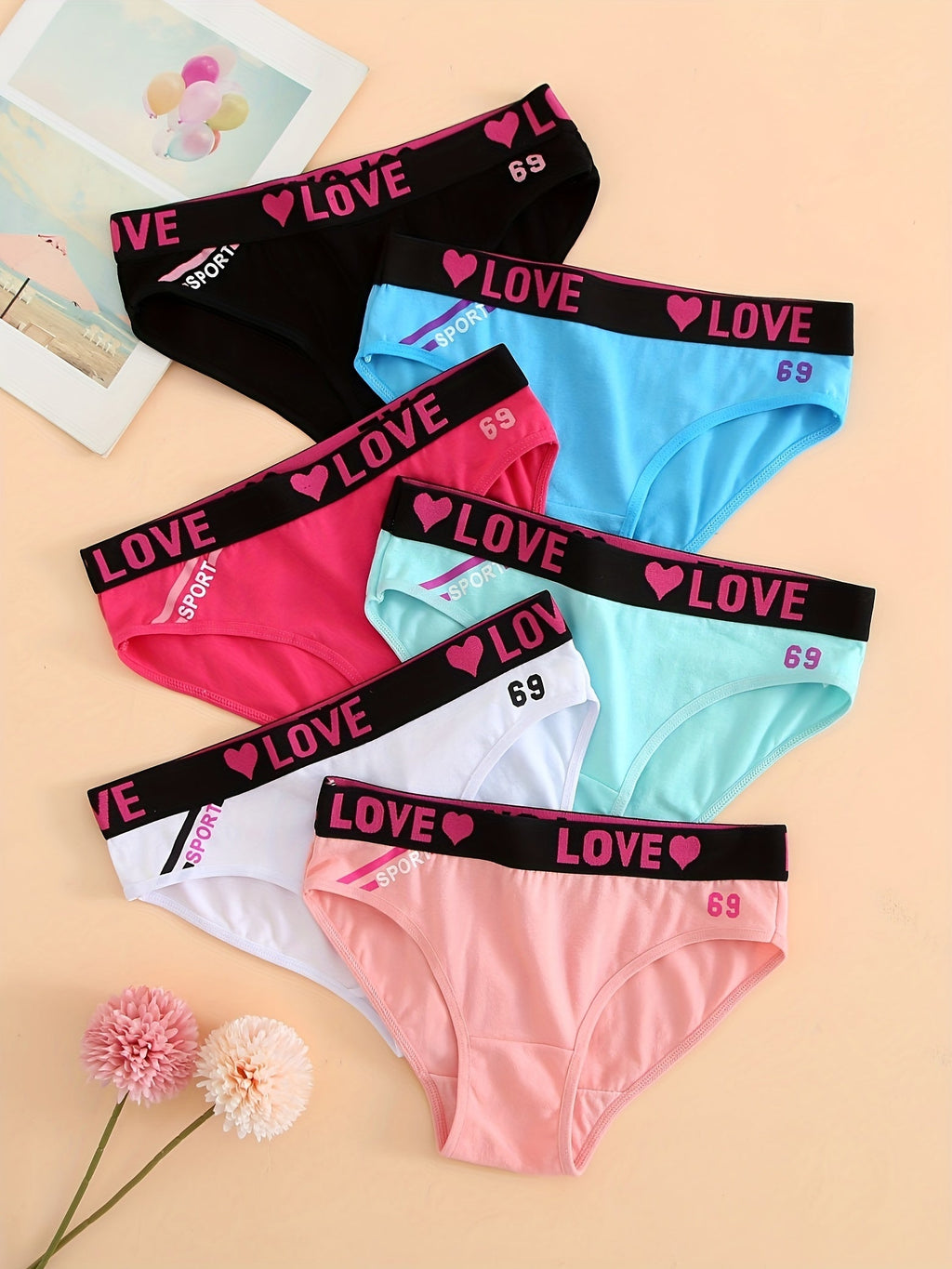 Lot de 6 culottes bikini sans coutures Soft Touch pour femme – Culottes colorées en coton taille basse avec coupe extensible et imprimé alphabet – Essentiels de lingerie et sous-vêtements quotidiens pour femme pour l'été