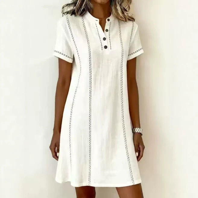 Robe midi femme ample à col montant, imprimée et boutonnée – Manches 3/4