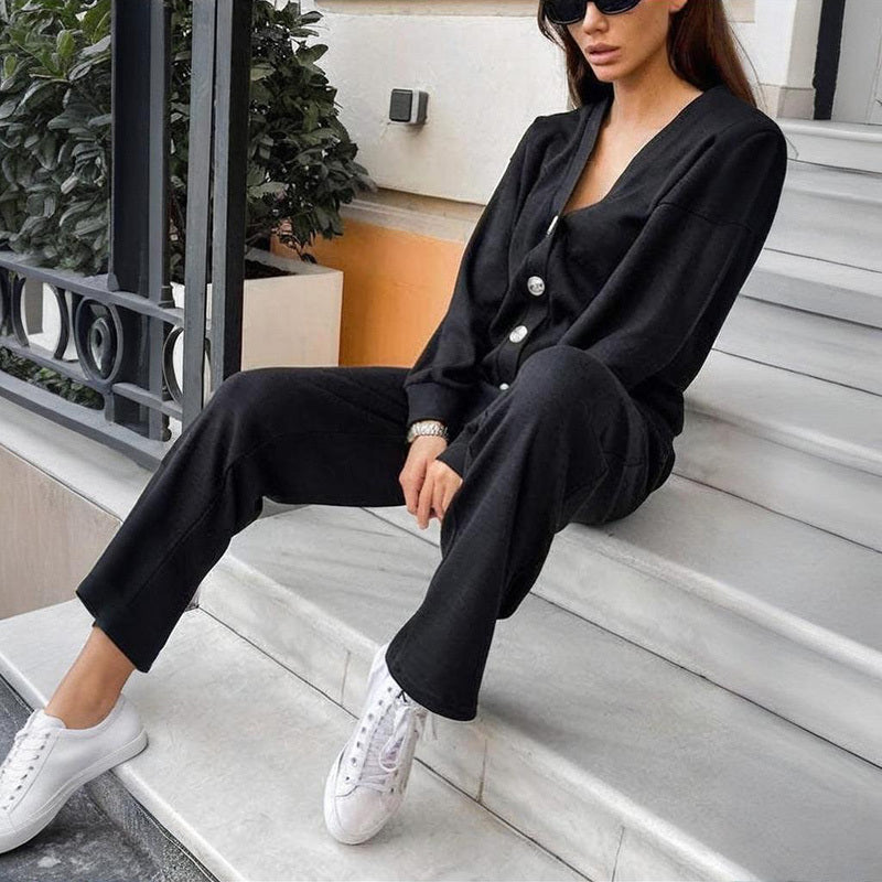 Cardigan en maille décontracté avec poche et pantalon de survêtement à cordon de serrage