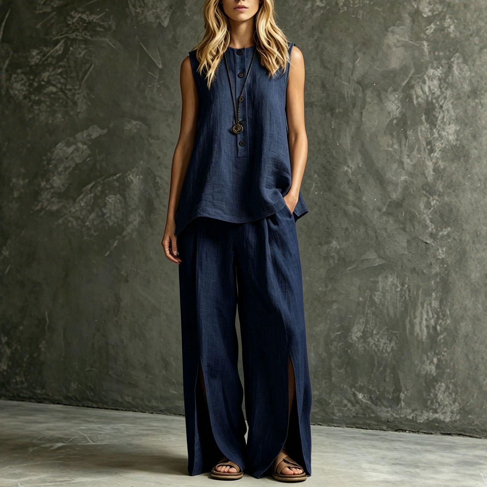 Ensemble deux pièces débardeur sans manches ample et pantalon large fendu pour femme