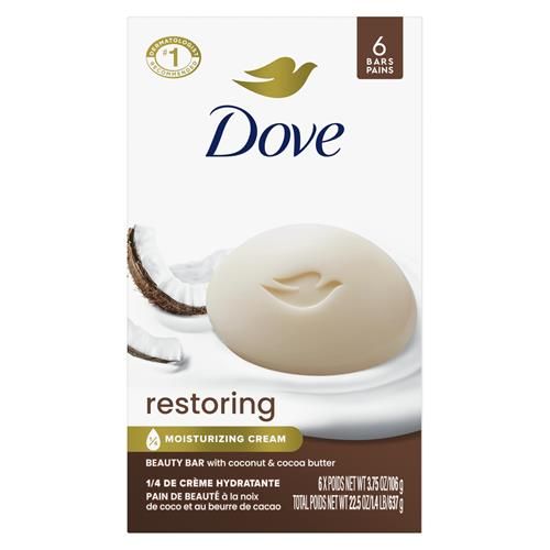 Pain de beauté Dove Noix de coco & Beurre de cacao réparateur, 6 pains, pour une peau restaurée et nourrie, 106 g