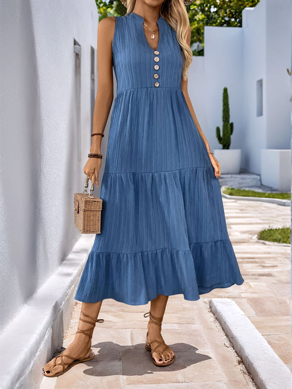 Robe longue sans manches crantée à boutons bleu poudré décorative Style élégant et féminin Pour femmes