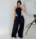 Pantalon cargo droit femme taille haute à lacets – Coupe ample