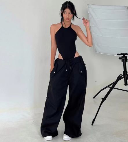 Pantalon cargo droit femme taille haute à lacets – Coupe ample