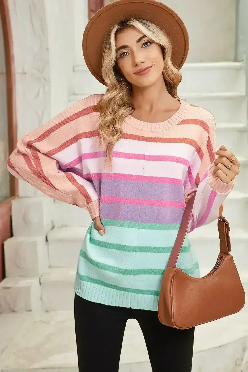Pull ample à dégradé, bords côtelés rayés multicolores