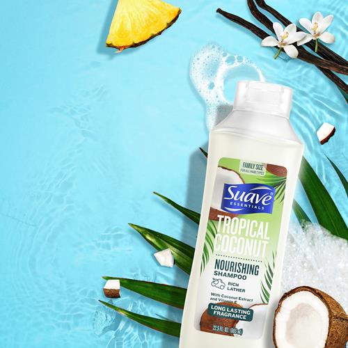 Shampooing Nourrissant Suave Essentials, enrichi en extrait de noix de coco et en vitamine E, shampooing à la noix de coco tropicale au parfum longue durée 665 ml