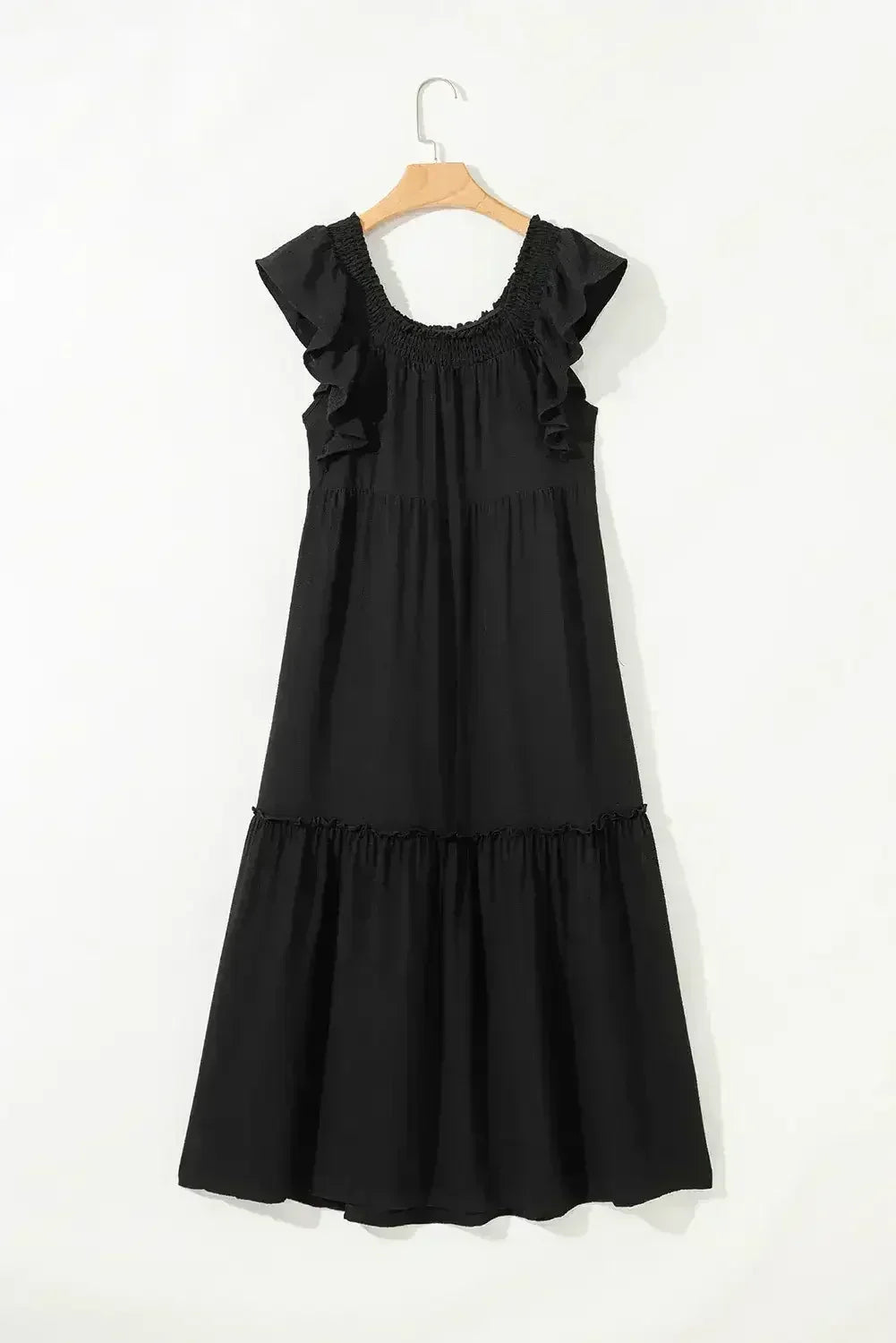 Robe longue texturée étagée à col carré et manches courtes volantées violette