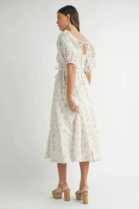 Robe midi MABLE à manches bouffantes avec cordon de serrage et motif floral