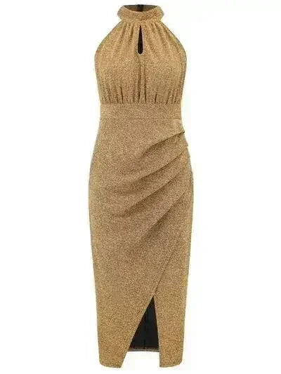 Robe sans manches à col montant, froncée et fendue