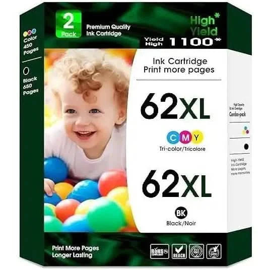 Cartouche d'encre noire et couleur 62/62XL pour HP Envy, OfficeJet et DeskJet