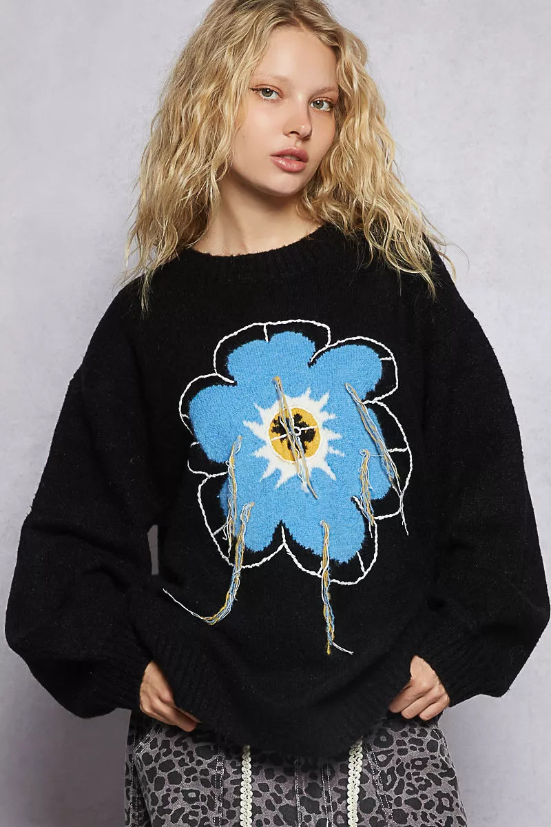 Pull POL à motif floral, col rond, avec surpiqûres apparentes