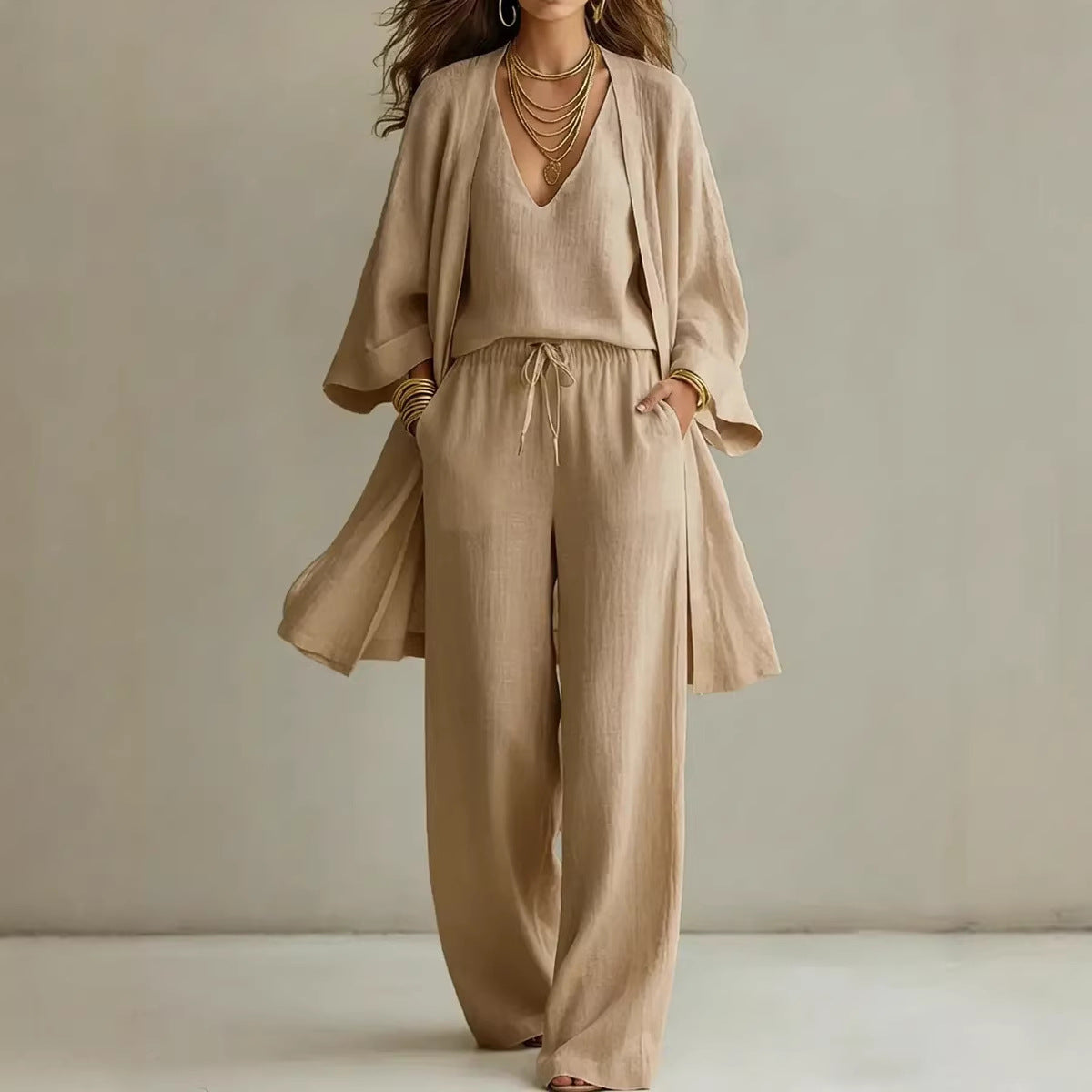 Ensemble trois pièces pour femme : Gilet cardigan à col en V, gilet à poches et pantalon long