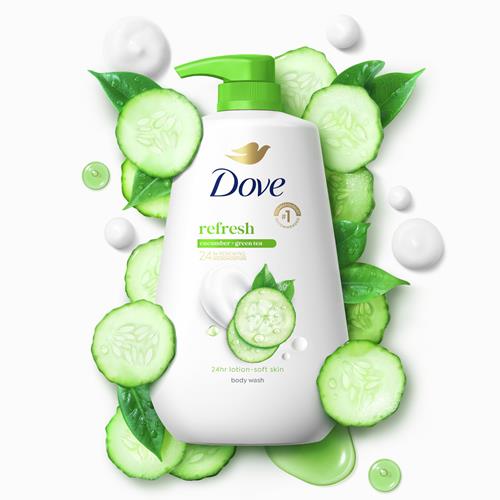 Nettoyant corporel Dove avec pompe, concombre et thé vert, pour une peau douce comme une lotion pendant 24 heures, sans sulfates, sans parabènes, 908 g