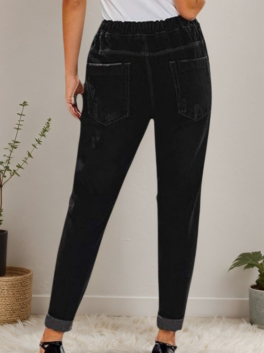 Jean Femme Délavé et Extensible – Jean Jogger en Denim Décontracté à Taille Élastique