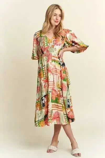 Robe mi-longue d'été florale à col en V et manches bouffantes – femstylo