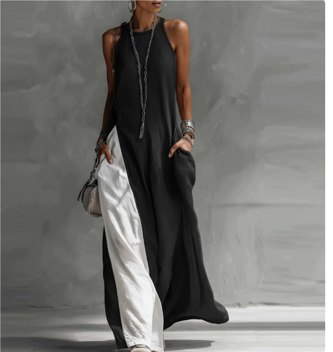 Robe longue évasée à épaules dénudées et blocs de couleurs avec poches | 5 couleurs